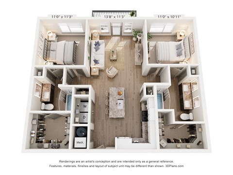Floor plan for 2 beds, 2 baths, 1218 sqft